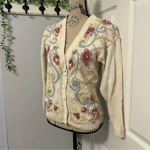 Elegant Floral Knit Cardigan - Cream, Blue, and Pink - Picture 2 of 7